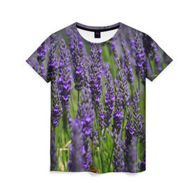 Женская футболка 3D с принтом Лаванда в Кировске, 100% полиэфир ( синтетическое хлопкоподобное полотно) | прямой крой, круглый вырез горловины, длина до линии бедер | зеленый | зелень | лаванда | лето | поле | природа | синий | цветы