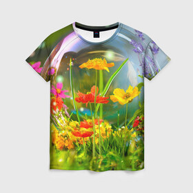 Женская футболка 3D с принтом Flowers в Кировске, 100% полиэфир ( синтетическое хлопкоподобное полотно) | прямой крой, круглый вырез горловины, длина до линии бедер | арт | краска | лето | лучи | любовь | новинки | популярные | природа | рисунки | свет | цветы