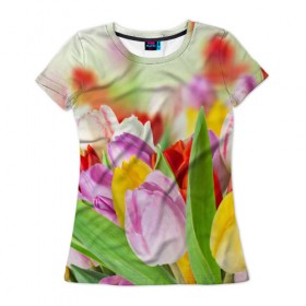 Женская футболка 3D с принтом Мир тюльпанов в Кировске, 100% полиэфир ( синтетическое хлопкоподобное полотно) | прямой крой, круглый вырез горловины, длина до линии бедер | арт | краска | лето | лучи | любовь | новинки | популярные | природа | рисунки | свет | цветы