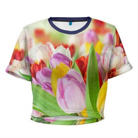 Женская футболка 3D укороченная с принтом Мир тюльпанов в Кировске, 100% полиэстер | круглая горловина, длина футболки до линии талии, рукава с отворотами | арт | краска | лето | лучи | любовь | новинки | популярные | природа | рисунки | свет | цветы