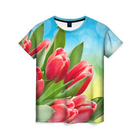 Женская футболка 3D с принтом Полевые тюльпаны в Кировске, 100% полиэфир ( синтетическое хлопкоподобное полотно) | прямой крой, круглый вырез горловины, длина до линии бедер | арт | краска | лето | лучи | любовь | новинки | популярные | природа | рисунки | свет | цветы
