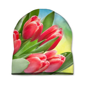 Шапка 3D с принтом Полевые тюльпаны в Кировске, 100% полиэстер | универсальный размер, печать по всей поверхности изделия | арт | краска | лето | лучи | любовь | новинки | популярные | природа | рисунки | свет | цветы