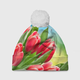 Шапка 3D c помпоном с принтом Полевые тюльпаны в Кировске, 100% полиэстер | универсальный размер, печать по всей поверхности изделия | арт | краска | лето | лучи | любовь | новинки | популярные | природа | рисунки | свет | цветы