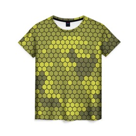 Женская футболка 3D с принтом Кибер камуфляж 8 в Кировске, 100% полиэфир ( синтетическое хлопкоподобное полотно) | прямой крой, круглый вырез горловины, длина до линии бедер | желтый | соты