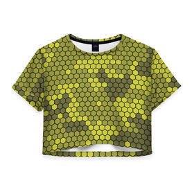 Женская футболка 3D укороченная с принтом Кибер камуфляж 8 в Кировске, 100% полиэстер | круглая горловина, длина футболки до линии талии, рукава с отворотами | желтый | соты