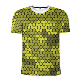 Мужская футболка 3D спортивная с принтом Кибер камуфляж 8 в Кировске, 100% полиэстер с улучшенными характеристиками | приталенный силуэт, круглая горловина, широкие плечи, сужается к линии бедра | желтый | соты