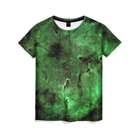 Женская футболка 3D с принтом Зеленый Космос в Кировске, 100% полиэфир ( синтетическое хлопкоподобное полотно) | прямой крой, круглый вырез горловины, длина до линии бедер | вселенная | галактика | звезды
