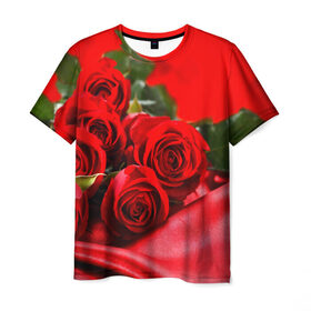 Мужская футболка 3D с принтом Розы в Кировске, 100% полиэфир | прямой крой, круглый вырез горловины, длина до линии бедер | букет | красная | лепесток | разноцветная | роза | цветок