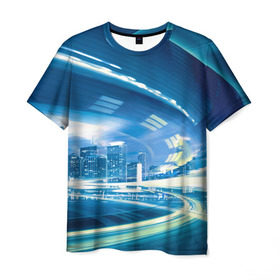 Мужская футболка 3D с принтом Мегаполис в Кировске, 100% полиэфир | прямой крой, круглый вырез горловины, длина до линии бедер | night city | высотки | город | движение | мегаполис | неоновый свет | ночная жизнь | ночной город | огни | поток | столица | трафик