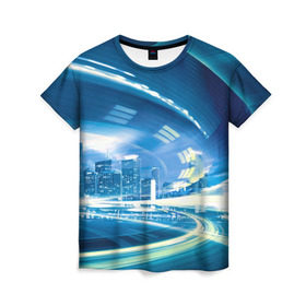Женская футболка 3D с принтом Мегаполис в Кировске, 100% полиэфир ( синтетическое хлопкоподобное полотно) | прямой крой, круглый вырез горловины, длина до линии бедер | night city | высотки | город | движение | мегаполис | неоновый свет | ночная жизнь | ночной город | огни | поток | столица | трафик