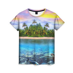 Женская футболка 3D с принтом Мальдивы в Кировске, 100% полиэфир ( синтетическое хлопкоподобное полотно) | прямой крой, круглый вырез горловины, длина до линии бедер | Тематика изображения на принте: загар | каникулы | мальдивские острова | мальдивы | отдых | отпуск | пляж | приключения | солнце | туризм