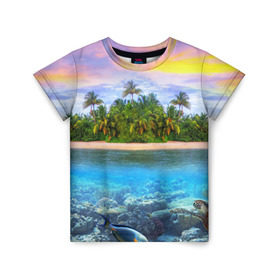 Детская футболка 3D с принтом Мальдивы в Кировске, 100% гипоаллергенный полиэфир | прямой крой, круглый вырез горловины, длина до линии бедер, чуть спущенное плечо, ткань немного тянется | загар | каникулы | мальдивские острова | мальдивы | отдых | отпуск | пляж | приключения | солнце | туризм