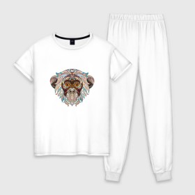 Женская пижама хлопок с принтом Обезьяна в Кировске, 100% хлопок | брюки и футболка прямого кроя, без карманов, на брюках мягкая резинка на поясе и по низу штанин | 