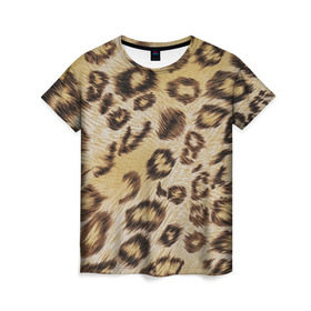 Женская футболка 3D с принтом Леопардовая ткань в Кировске, 100% полиэфир ( синтетическое хлопкоподобное полотно) | прямой крой, круглый вырез горловины, длина до линии бедер | гепард | гламур | леопард | мода | пятна | роскошь | ткань | точки | шерсть