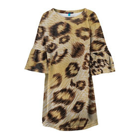 Детское платье 3D с принтом Леопардовая ткань в Кировске, 100% полиэстер | прямой силуэт, чуть расширенный к низу. Круглая горловина, на рукавах — воланы | гепард | гламур | леопард | мода | пятна | роскошь | ткань | точки | шерсть