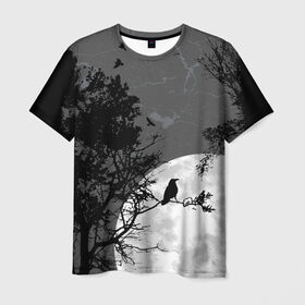 Мужская футболка 3D с принтом Черный ворон в Кировске, 100% полиэфир | прямой крой, круглый вырез горловины, длина до линии бедер | ворон | луна | новинки | ночь | полнолуние | природа | птица