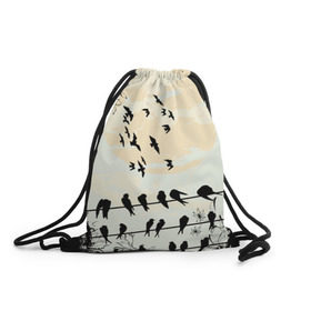 Рюкзак-мешок 3D с принтом Темная стая в Кировске, 100% полиэстер | плотность ткани — 200 г/м2, размер — 35 х 45 см; лямки — толстые шнурки, застежка на шнуровке, без карманов и подкладки | ворон | закат | ласточки | новинки | популярное | птицы | темнота