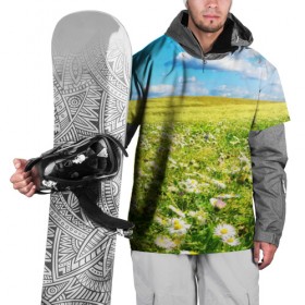 Накидка на куртку 3D с принтом Ромашковый ковёр в Кировске, 100% полиэстер |  | горизонт | зелень | небо | облака | поле | поляна | ромашки | солнце | цветы