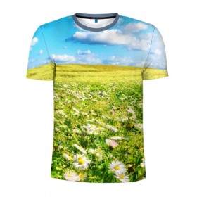 Мужская футболка 3D спортивная с принтом Ромашковый ковёр в Кировске, 100% полиэстер с улучшенными характеристиками | приталенный силуэт, круглая горловина, широкие плечи, сужается к линии бедра | горизонт | зелень | небо | облака | поле | поляна | ромашки | солнце | цветы