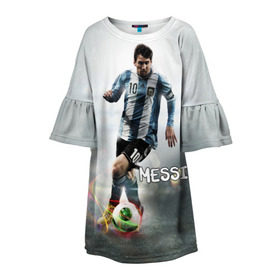 Детское платье 3D с принтом Leo Messi в Кировске, 100% полиэстер | прямой силуэт, чуть расширенный к низу. Круглая горловина, на рукавах — воланы | barselona | messi | аргентина | барселона | месси | мяч | футбол