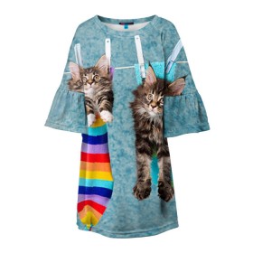 Детское платье 3D с принтом Мейн-кун 1 в Кировске, 100% полиэстер | прямой силуэт, чуть расширенный к низу. Круглая горловина, на рукавах — воланы | Тематика изображения на принте: кот | котенок | котик | котэ | кошка | мейн кун | мейнкун | мэйн кун | мэйнкун