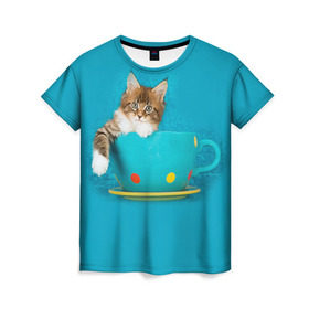 Женская футболка 3D с принтом Мейн-кун 4 в Кировске, 100% полиэфир ( синтетическое хлопкоподобное полотно) | прямой крой, круглый вырез горловины, длина до линии бедер | кот | котенок | котик | котэ | кошка | мейн кун | мейнкун | мэйн кун | мэйнкун
