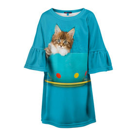Детское платье 3D с принтом Мейн-кун 4 в Кировске, 100% полиэстер | прямой силуэт, чуть расширенный к низу. Круглая горловина, на рукавах — воланы | Тематика изображения на принте: кот | котенок | котик | котэ | кошка | мейн кун | мейнкун | мэйн кун | мэйнкун