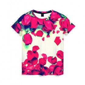 Женская футболка 3D с принтом Розовые розы в Кировске, 100% полиэфир ( синтетическое хлопкоподобное полотно) | прямой крой, круглый вырез горловины, длина до линии бедер | лепестки | цветы