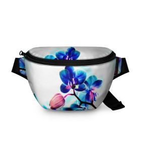 Поясная сумка 3D с принтом Орхидея в Кировске, 100% полиэстер | плотная ткань, ремень с регулируемой длиной, внутри несколько карманов для мелочей, основное отделение и карман с обратной стороны сумки застегиваются на молнию | лютики | синий | цветы