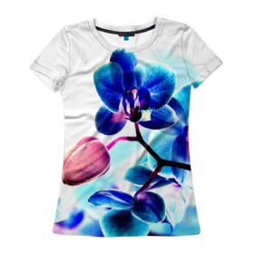 Женская футболка 3D с принтом Орхидея в Кировске, 100% полиэфир ( синтетическое хлопкоподобное полотно) | прямой крой, круглый вырез горловины, длина до линии бедер | лютики | синий | цветы