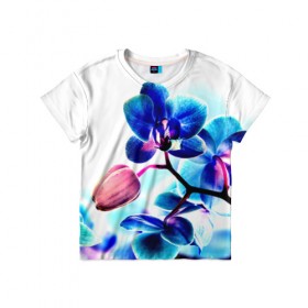 Детская футболка 3D с принтом Орхидея в Кировске, 100% гипоаллергенный полиэфир | прямой крой, круглый вырез горловины, длина до линии бедер, чуть спущенное плечо, ткань немного тянется | Тематика изображения на принте: лютики | синий | цветы