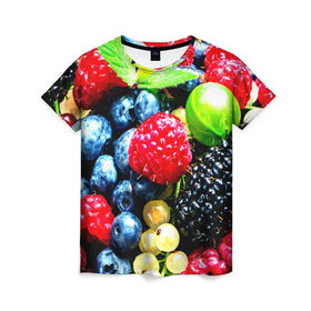 Женская футболка 3D с принтом Ягоды в Кировске, 100% полиэфир ( синтетическое хлопкоподобное полотно) | прямой крой, круглый вырез горловины, длина до линии бедер | фото | яркий