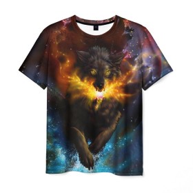 Мужская футболка 3D с принтом Космоволк в Кировске, 100% полиэфир | прямой крой, круглый вырез горловины, длина до линии бедер | волк | вселенная | галактика | звёзды | космос | оскал | пламя | созвездие
