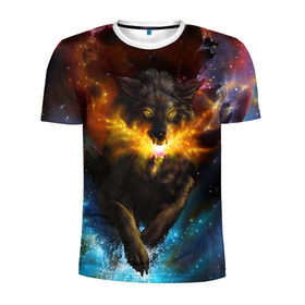 Мужская футболка 3D спортивная с принтом Космоволк в Кировске, 100% полиэстер с улучшенными характеристиками | приталенный силуэт, круглая горловина, широкие плечи, сужается к линии бедра | волк | вселенная | галактика | звёзды | космос | оскал | пламя | созвездие