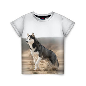 Детская футболка 3D с принтом Хаски в Кировске, 100% гипоаллергенный полиэфир | прямой крой, круглый вырез горловины, длина до линии бедер, чуть спущенное плечо, ткань немного тянется | Тематика изображения на принте: dog | husky | siberia | север | сибирь | собака | хаски