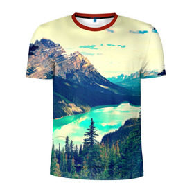 Мужская футболка 3D спортивная с принтом Канада-Альберта в Кировске, 100% полиэстер с улучшенными характеристиками | приталенный силуэт, круглая горловина, широкие плечи, сужается к линии бедра | деревья | небо | озеро