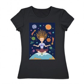 Женская футболка хлопок с принтом Йога и гармония в Кировске, 100% хлопок | прямой крой, круглый вырез горловины, длина до линии бедер, слегка спущенное плечо | девушка | единение | звезды | йога | космос | медитация | планета