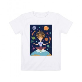 Детская футболка хлопок с принтом Йога и гармония в Кировске, 100% хлопок | круглый вырез горловины, полуприлегающий силуэт, длина до линии бедер | девушка | единение | звезды | йога | космос | медитация | планета