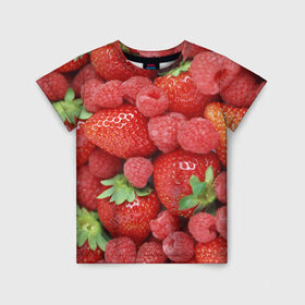 Детская футболка 3D с принтом Ягоды в Кировске, 100% гипоаллергенный полиэфир | прямой крой, круглый вырез горловины, длина до линии бедер, чуть спущенное плечо, ткань немного тянется | десерт | еда | клубника | красный | малина | сладкое | ягоды
