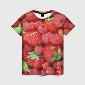 Женская футболка 3D с принтом Ягоды в Кировске, 100% полиэфир ( синтетическое хлопкоподобное полотно) | прямой крой, круглый вырез горловины, длина до линии бедер | десерт | еда | клубника | красный | малина | сладкое | ягоды