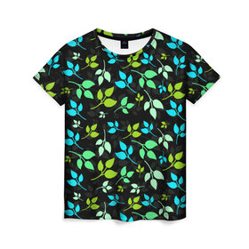 Женская футболка 3D с принтом цветочный принт в Кировске, 100% полиэфир ( синтетическое хлопкоподобное полотно) | прямой крой, круглый вырез горловины, длина до линии бедер | акварель | графика | зелень | лес | лето | листья | принт | рисунок | цветок