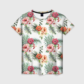 Женская футболка 3D с принтом Цветы и бабочки 1 в Кировске, 100% полиэфир ( синтетическое хлопкоподобное полотно) | прямой крой, круглый вырез горловины, длина до линии бедер | нежный | паттерн | цветочный