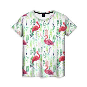 Женская футболка 3D с принтом Цветы и бабочки 2 в Кировске, 100% полиэфир ( синтетическое хлопкоподобное полотно) | прямой крой, круглый вырез горловины, длина до линии бедер | растения | фламинго