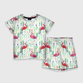 Детский костюм с шортами 3D с принтом Цветы и фламинго 2 в Кировске,  |  | Тематика изображения на принте: растения | фламинго