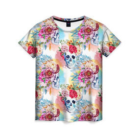Женская футболка 3D с принтом Цветы и бабочки 5 в Кировске, 100% полиэфир ( синтетическое хлопкоподобное полотно) | прямой крой, круглый вырез горловины, длина до линии бедер | акварель | нежный | паттерн | цветочек | цветочный