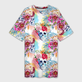 Платье-футболка 3D с принтом Цветы и бабочки 5 в Кировске,  |  | Тематика изображения на принте: акварель | нежный | паттерн | цветочек | цветочный