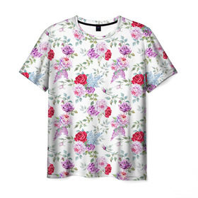 Мужская футболка 3D с принтом Цветы и бабочки 8 в Кировске, 100% полиэфир | прямой крой, круглый вырез горловины, длина до линии бедер | Тематика изображения на принте: акварель | бабочка | нежный | рисунок | роза | сирень | цветочек | цветочный | цветы