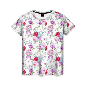 Женская футболка 3D с принтом Цветы и бабочки 8 в Кировске, 100% полиэфир ( синтетическое хлопкоподобное полотно) | прямой крой, круглый вырез горловины, длина до линии бедер | акварель | бабочка | нежный | рисунок | роза | сирень | цветочек | цветочный | цветы