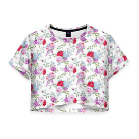Женская футболка 3D укороченная с принтом Цветы и бабочки 8 в Кировске, 100% полиэстер | круглая горловина, длина футболки до линии талии, рукава с отворотами | акварель | бабочка | нежный | рисунок | роза | сирень | цветочек | цветочный | цветы