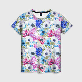 Женская футболка 3D с принтом Цветы и бабочки 9 в Кировске, 100% полиэфир ( синтетическое хлопкоподобное полотно) | прямой крой, круглый вырез горловины, длина до линии бедер | акварель | нежный | паттерн | цветочек | цветочный